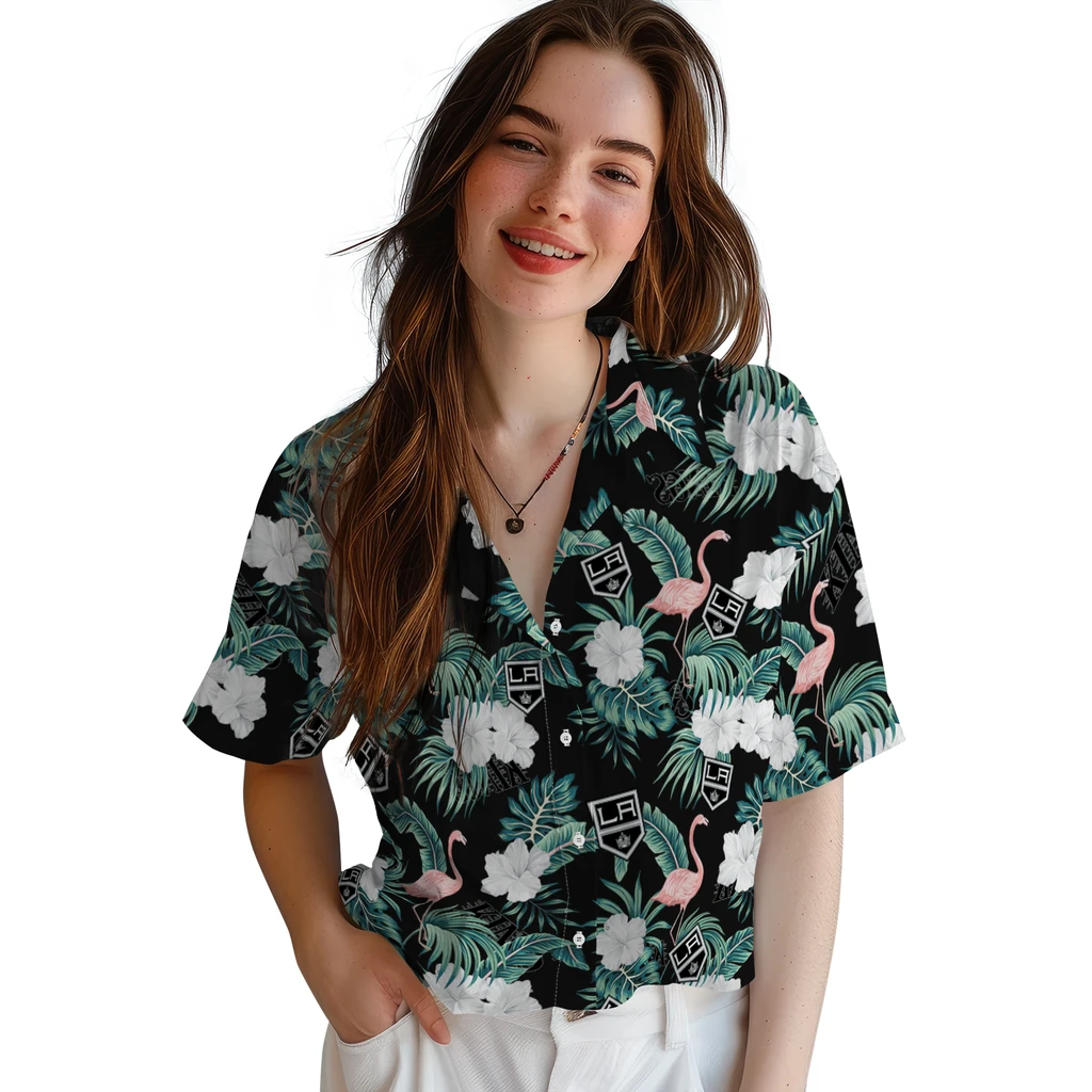 Los Angeles Kings Hawaiian Shirt - Flamingo and Hibiscus los angeles kings flamingo palms black hawaiian shirts latest model