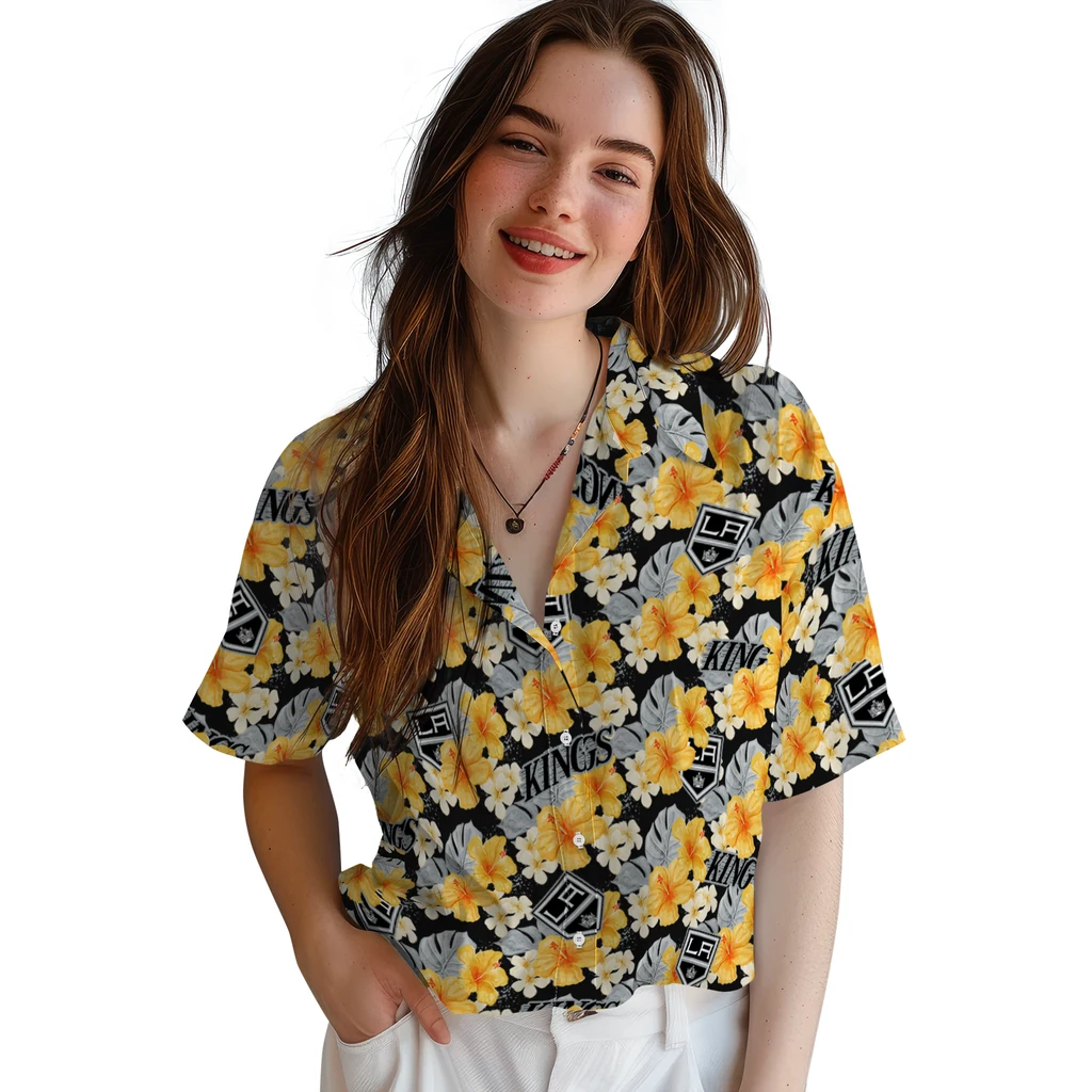 Los Angeles Kings Hawaiian Shirt - Hibiscus Tropics los angeles kings hibiscus tropics black yellow hawaiian shirts latest model