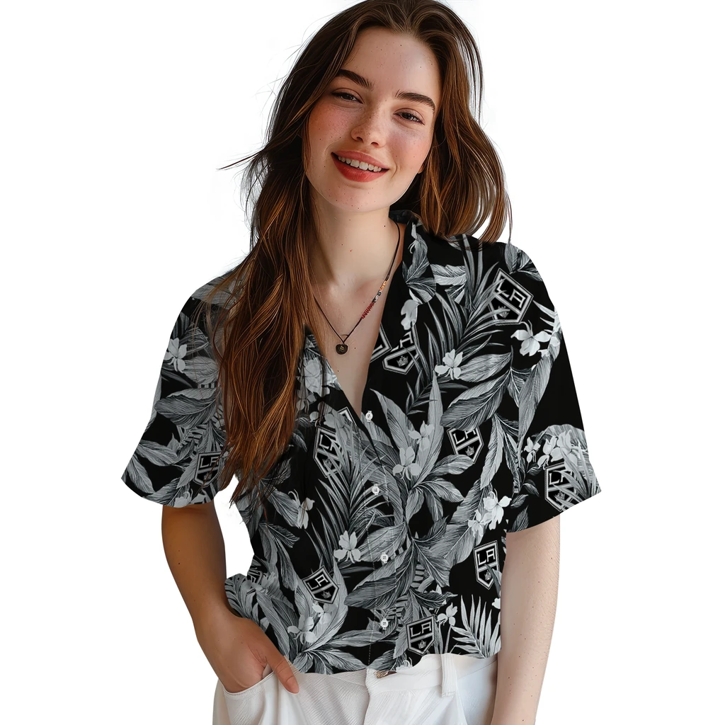 Los Angeles Kings Hawaiian Shirt - Palm Leaves los angeles kings palm leaves black hawaiian shirts latest model