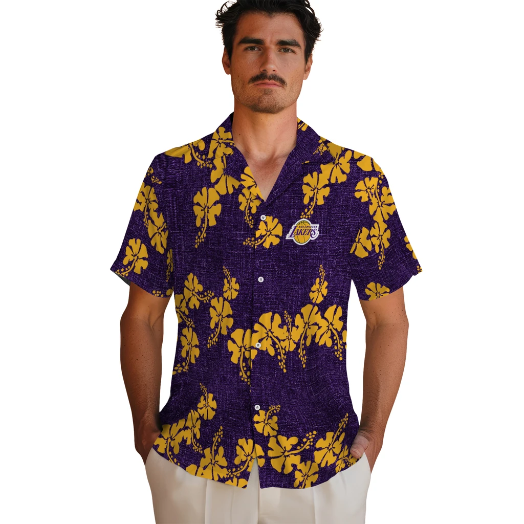 Los Angeles Lakers Hawaiian Shirt - 50th State Flower los angeles lakers hibiscus petals purple hawaiian shirts fashion forward