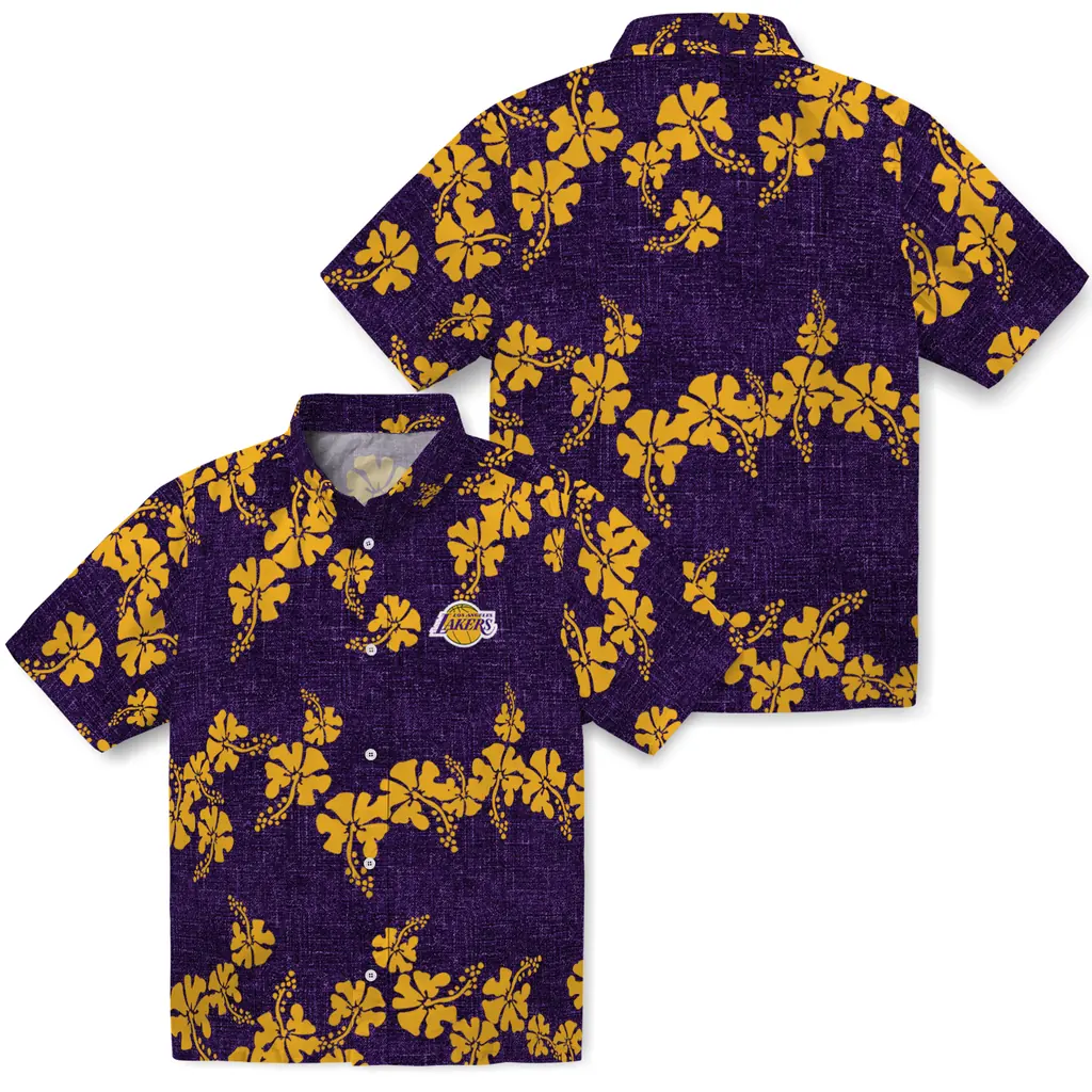 Los Angeles Lakers Hawaiian Shirt - 50th State Flower los angeles lakers hibiscus petals purple hawaiian shirts high quality