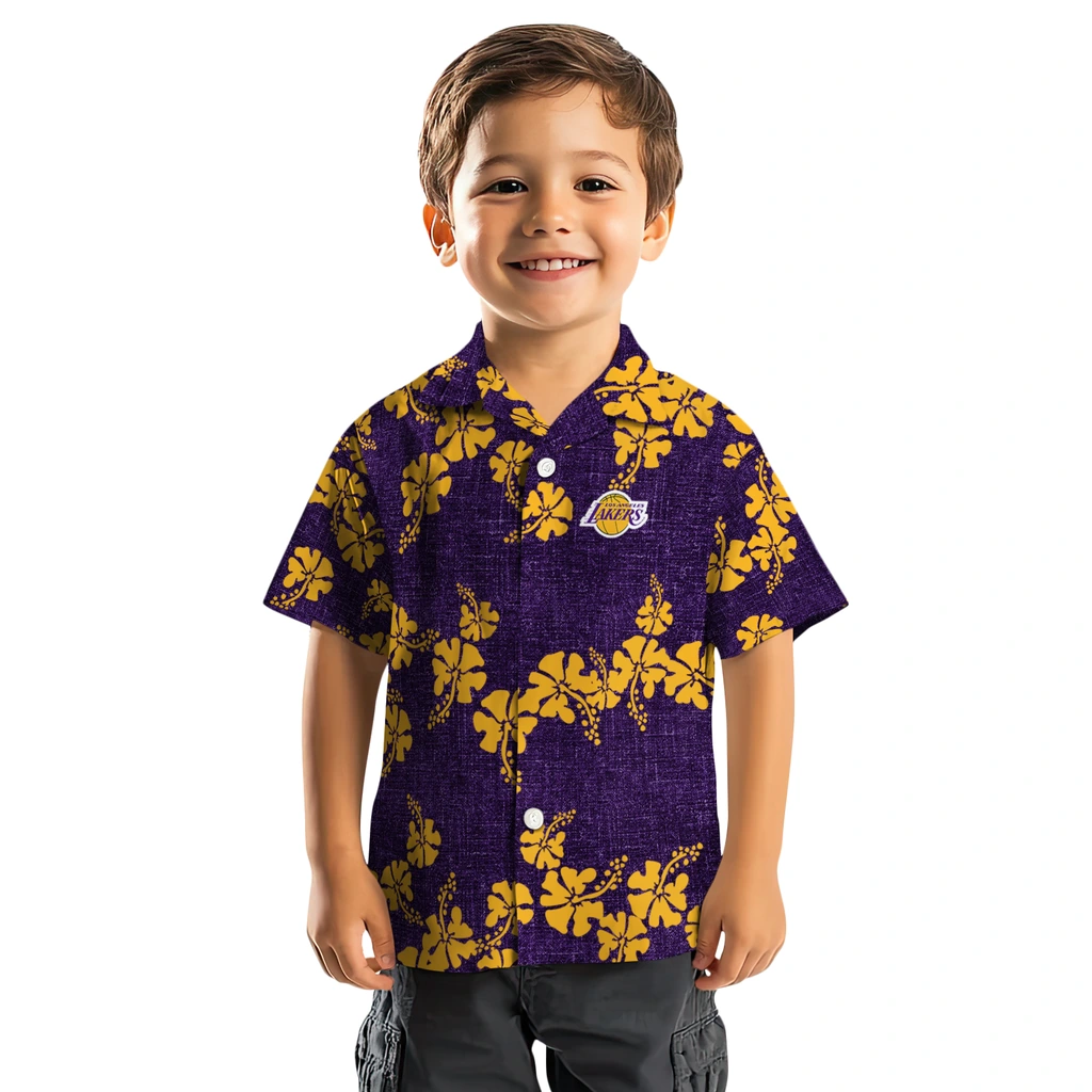 Los Angeles Lakers Hawaiian Shirt - 50th State Flower los angeles lakers hibiscus petals purple hawaiian shirts top rated