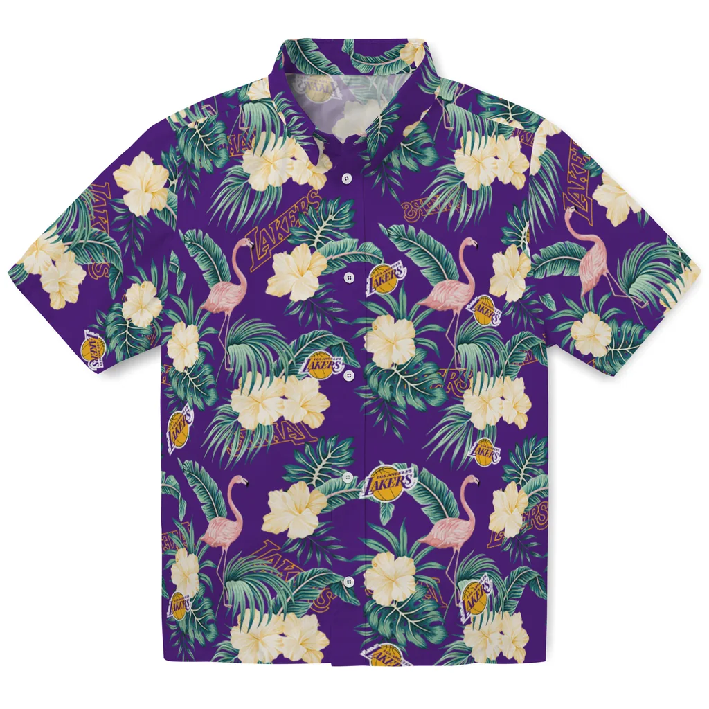 Los Angeles Lakers Hawaiian Shirt - Flamingo and Hibiscus los angeles lakers flamingo palms purple hawaiian shirts best selling
