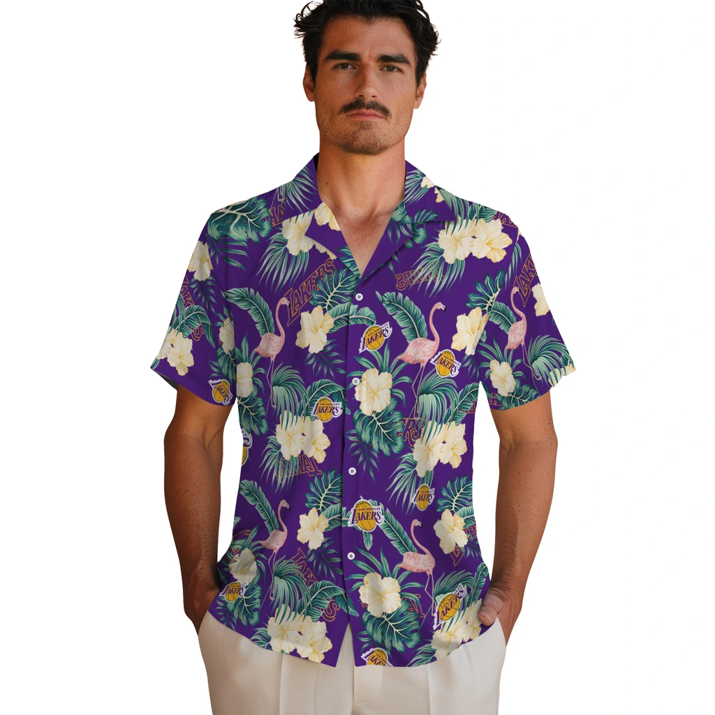 Los Angeles Lakers Hawaiian Shirt - Flamingo and Hibiscus los angeles lakers flamingo palms purple hawaiian shirts fashion forward