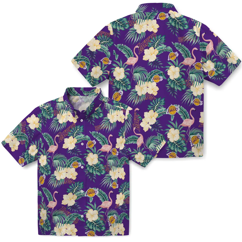 Los Angeles Lakers Hawaiian Shirt - Flamingo and Hibiscus los angeles lakers flamingo palms purple hawaiian shirts high quality