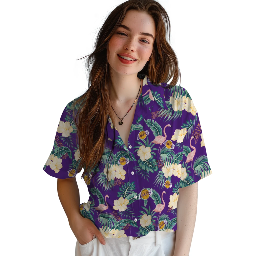 Los Angeles Lakers Hawaiian Shirt - Flamingo and Hibiscus los angeles lakers flamingo palms purple hawaiian shirts latest model