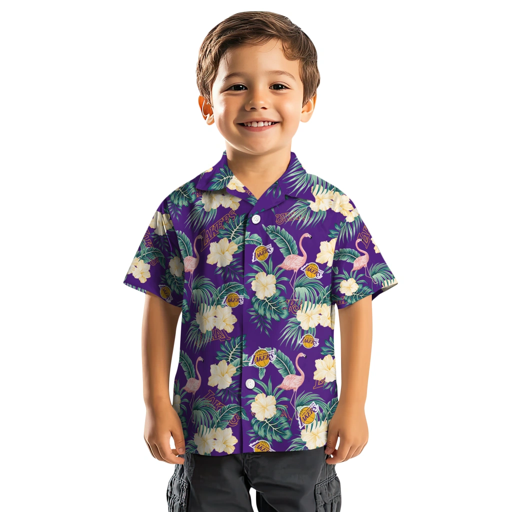 Los Angeles Lakers Hawaiian Shirt - Flamingo and Hibiscus los angeles lakers flamingo palms purple hawaiian shirts top rated