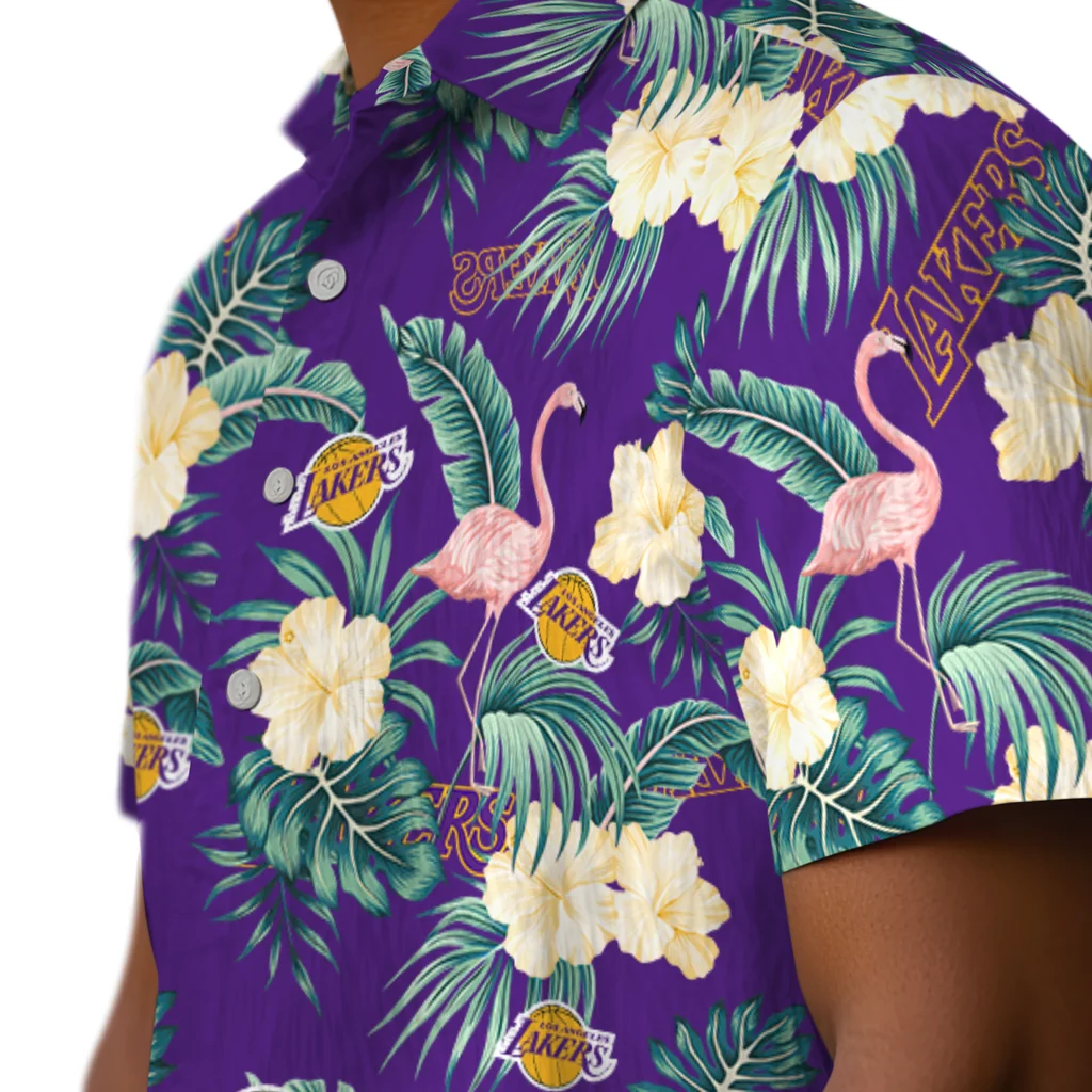 Los Angeles Lakers Hawaiian Shirt - Flamingo and Hibiscus los angeles lakers flamingo palms purple hawaiian shirts trendy