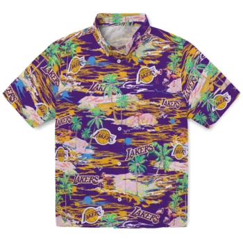 los angeles lakers flamingo retreat purple hawaiian shirts best selling