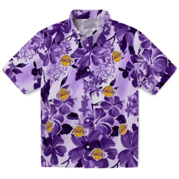 los angeles lakers hibiscus arrangement purple hawaiian shirts best selling