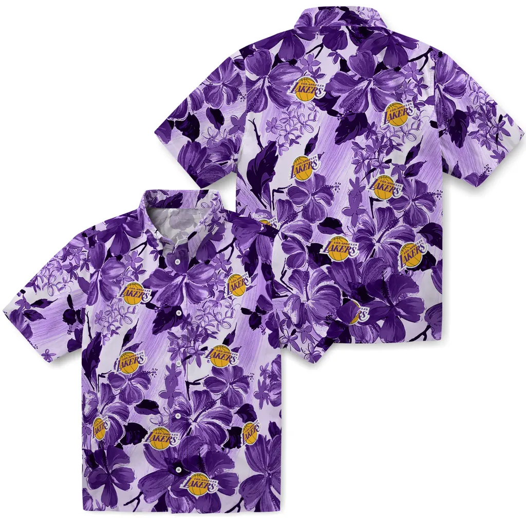 Los Angeles Lakers Hawaiian Shirt - Hibiscus Arrangement los angeles lakers hibiscus arrangement purple hawaiian shirts high quality