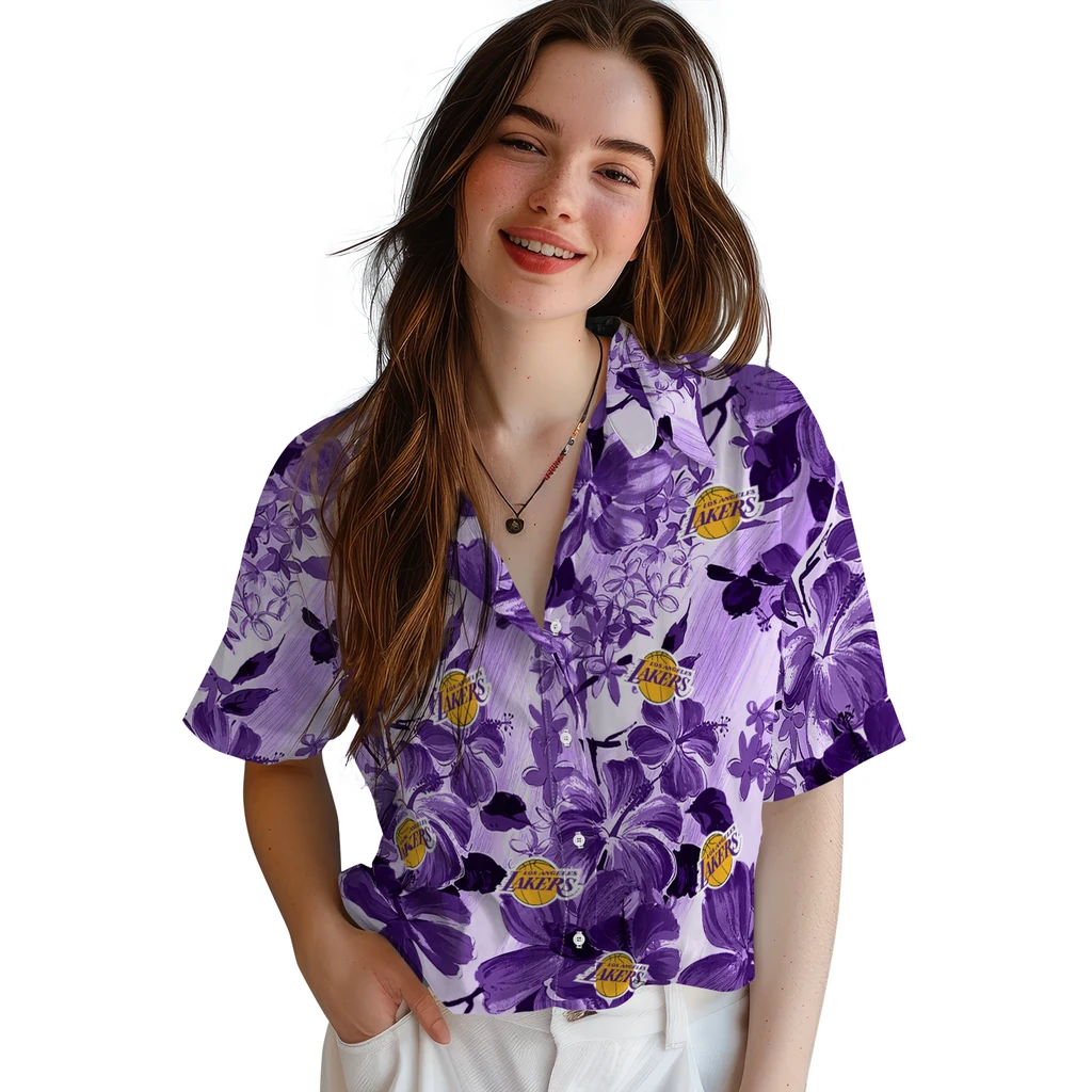 Los Angeles Lakers Hawaiian Shirt - Hibiscus Arrangement los angeles lakers hibiscus arrangement purple hawaiian shirts latest model