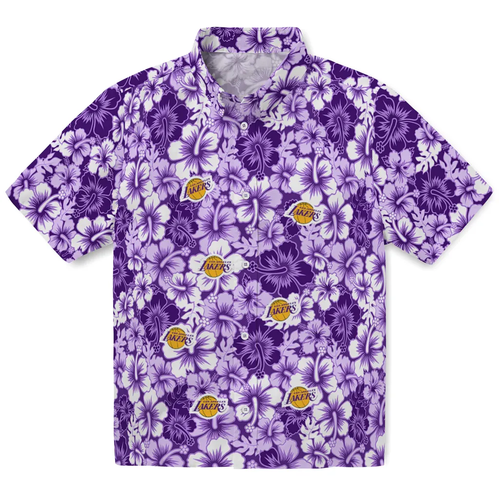 Los Angeles Lakers Hawaiian Shirt - Hibiscus Blooms los angeles lakers hibiscus blooms purple hawaiian shirts best selling