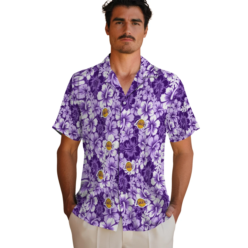 Los Angeles Lakers Hawaiian Shirt - Hibiscus Blooms los angeles lakers hibiscus blooms purple hawaiian shirts fashion forward