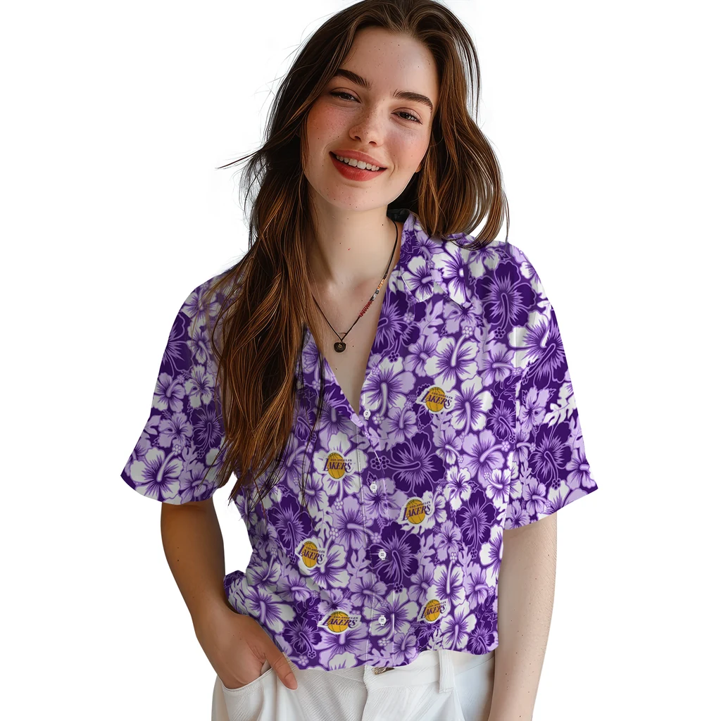 Los Angeles Lakers Hawaiian Shirt - Hibiscus Blooms los angeles lakers hibiscus blooms purple hawaiian shirts latest model