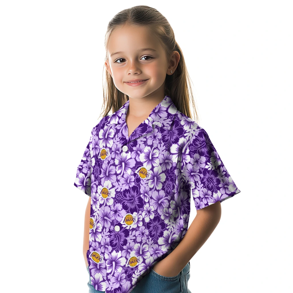 Los Angeles Lakers Hawaiian Shirt - Hibiscus Blooms los angeles lakers hibiscus blooms purple hawaiian shirts premium grade
