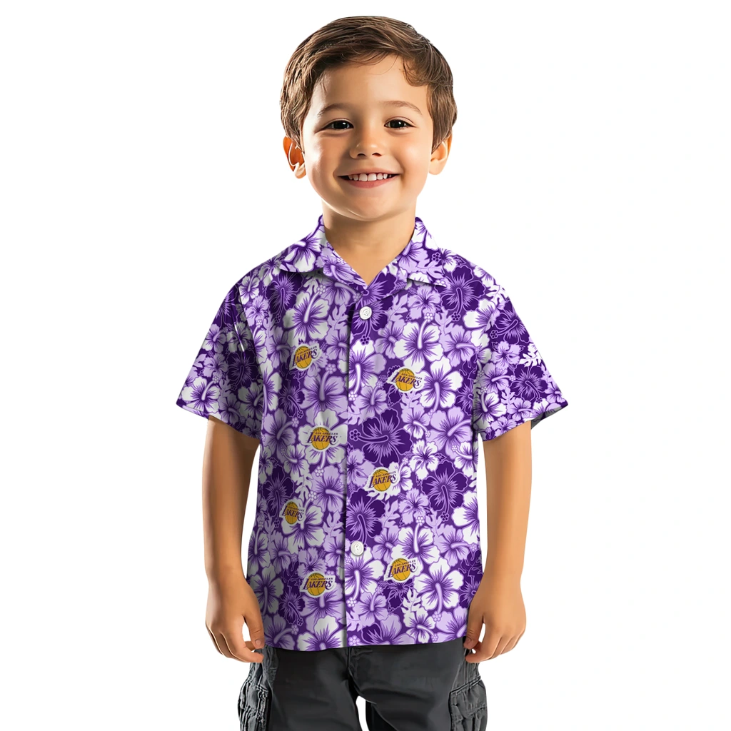 Los Angeles Lakers Hawaiian Shirt - Hibiscus Blooms los angeles lakers hibiscus blooms purple hawaiian shirts top rated