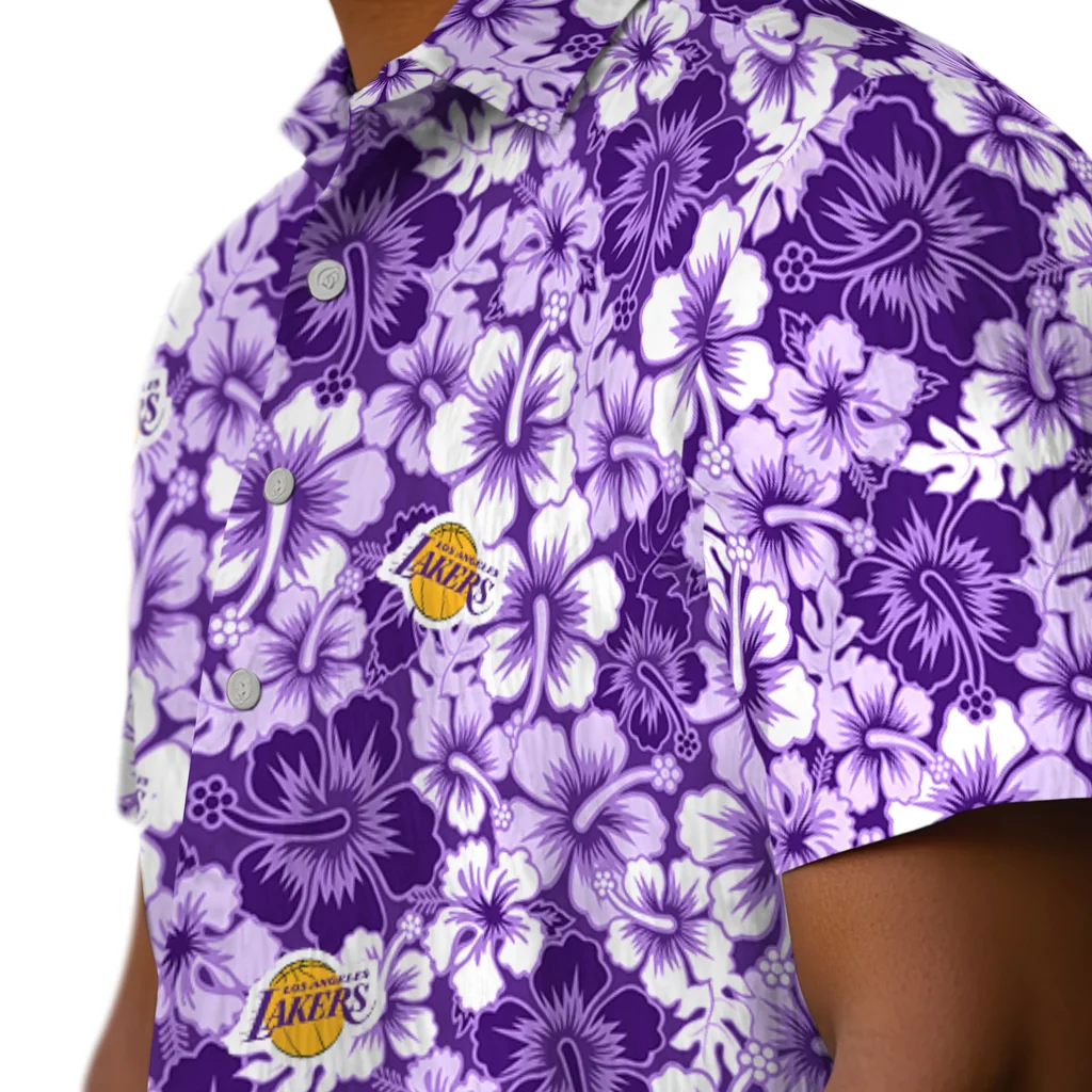 Los Angeles Lakers Hawaiian Shirt - Hibiscus Blooms los angeles lakers hibiscus blooms purple hawaiian shirts trendy