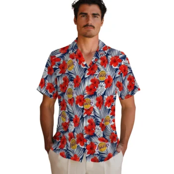 los angeles lakers hibiscus fiesta red royal blue hawaiian shirts fashion forward