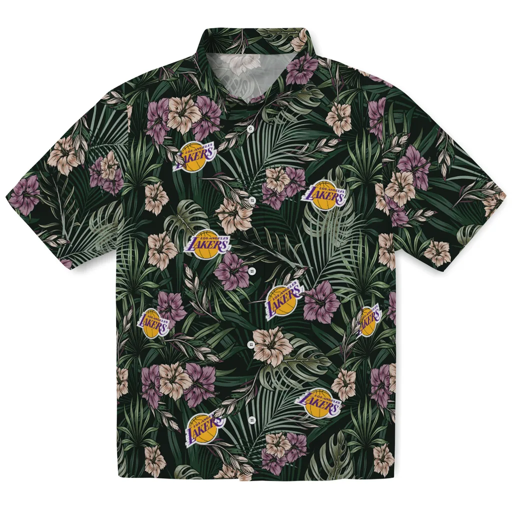 Los Angeles Lakers Hawaiian Shirt - Hibiscus Leaves Pattern los angeles lakers hibiscus leaves pattern green hawaiian shirts best selling
