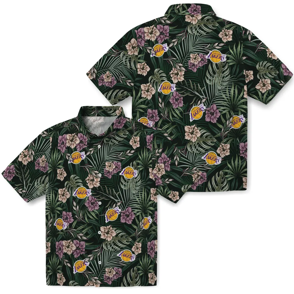 Los Angeles Lakers Hawaiian Shirt - Hibiscus Leaves Pattern los angeles lakers hibiscus leaves pattern green hawaiian shirts high quality