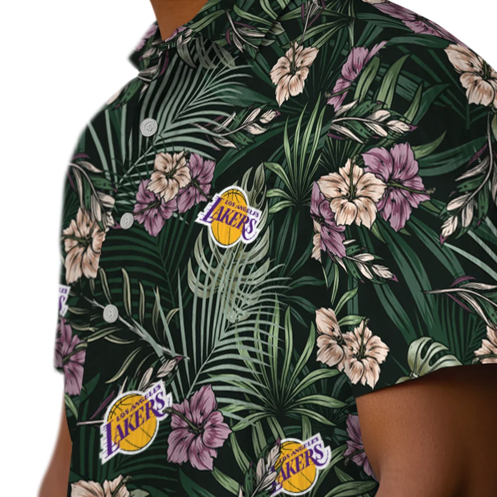 Los Angeles Lakers Hawaiian Shirt - Hibiscus Leaves Pattern los angeles lakers hibiscus leaves pattern green hawaiian shirts trendy