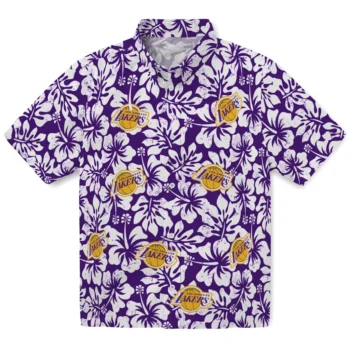 los angeles lakers hibiscus motif purple white hawaiian shirts best selling