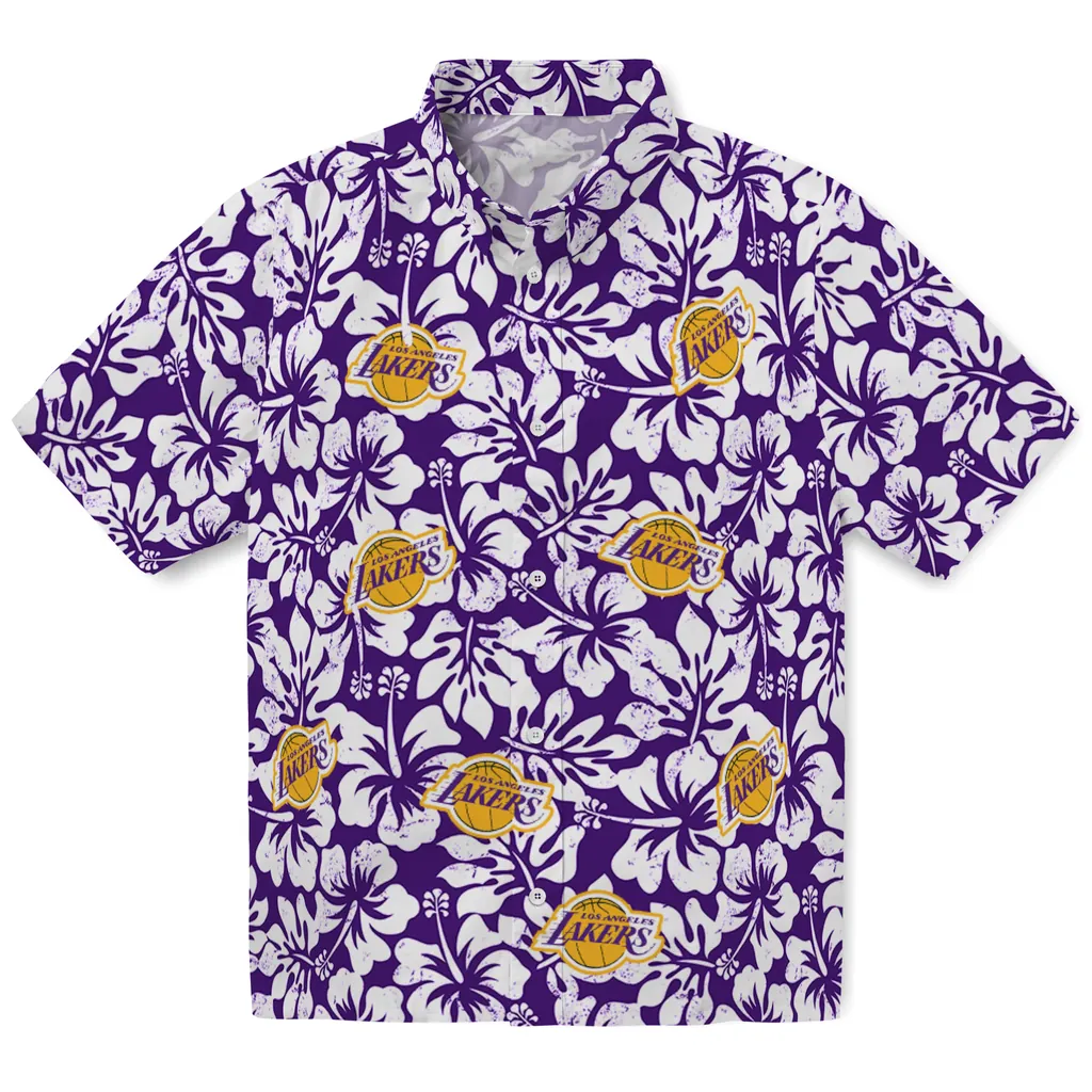 Los Angeles Lakers Hawaiian Shirt - Hibiscus Motif los angeles lakers hibiscus motif purple white hawaiian shirts best selling