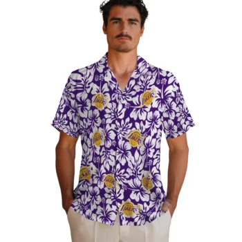 los angeles lakers hibiscus motif purple white hawaiian shirts fashion forward