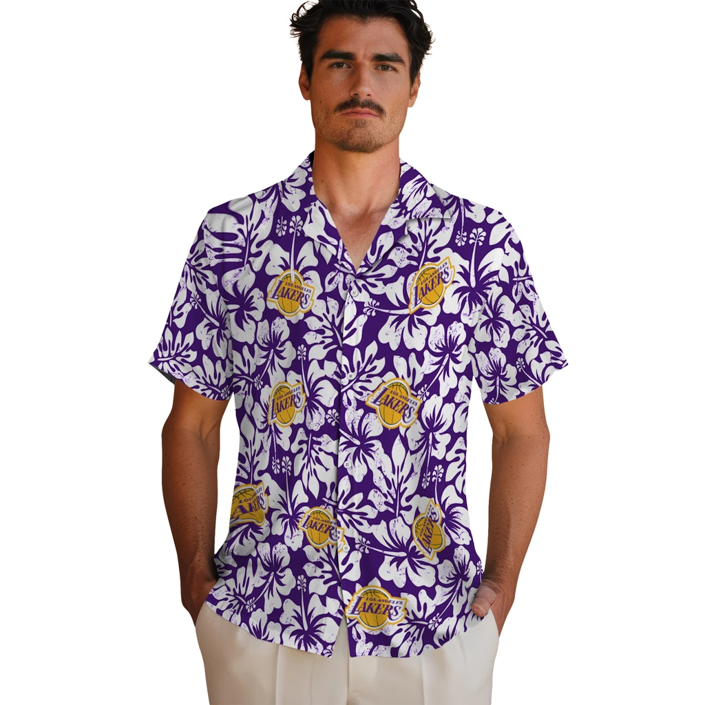 Los Angeles Lakers Hawaiian Shirt - Hibiscus Motif los angeles lakers hibiscus motif purple white hawaiian shirts fashion forward