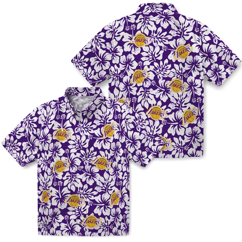 Los Angeles Lakers Hawaiian Shirt - Hibiscus Motif los angeles lakers hibiscus motif purple white hawaiian shirts high quality
