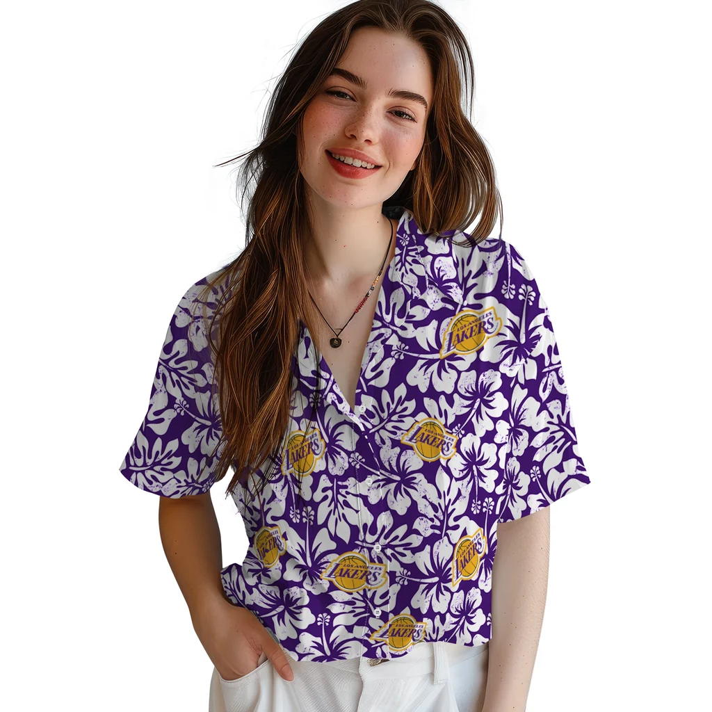 Los Angeles Lakers Hawaiian Shirt - Hibiscus Motif los angeles lakers hibiscus motif purple white hawaiian shirts latest model