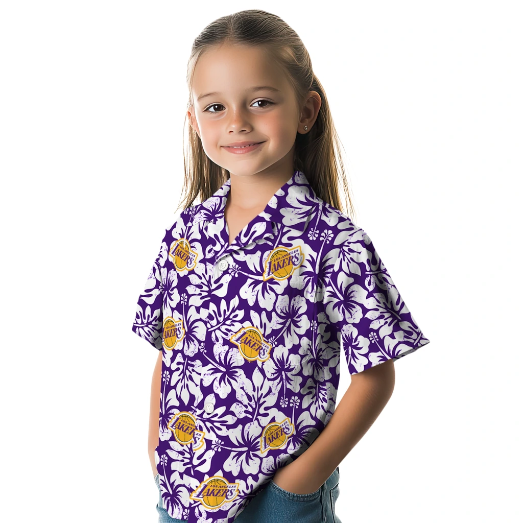 Los Angeles Lakers Hawaiian Shirt - Hibiscus Motif los angeles lakers hibiscus motif purple white hawaiian shirts premium grade