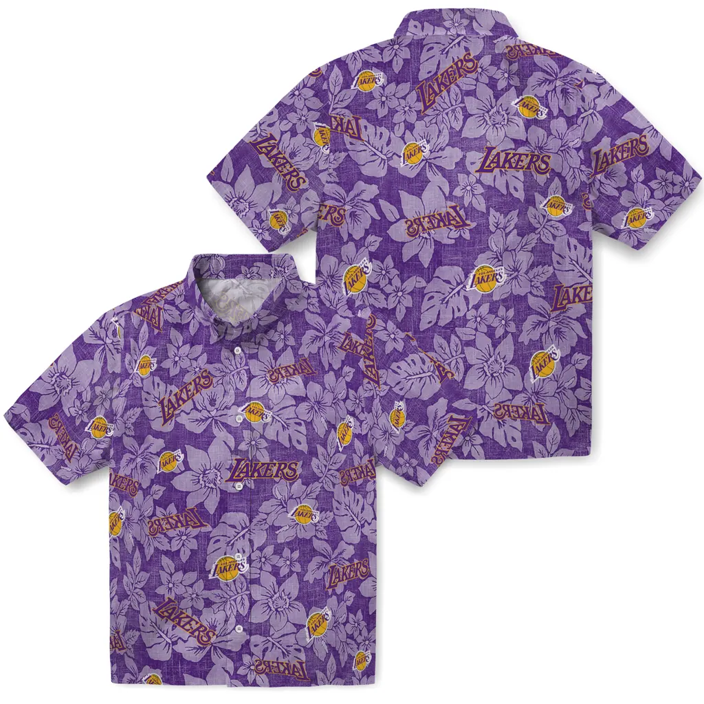 Los Angeles Lakers Hawaiian Shirt - Hibiscus Oasis los angeles lakers hibiscus oasis purple hawaiian shirts high quality