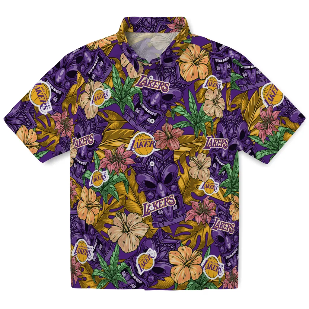Los Angeles Lakers Hawaiian Shirt - Hibiscus Tiki Jungle los angeles lakers tiki jungle purple hawaiian shirts best selling