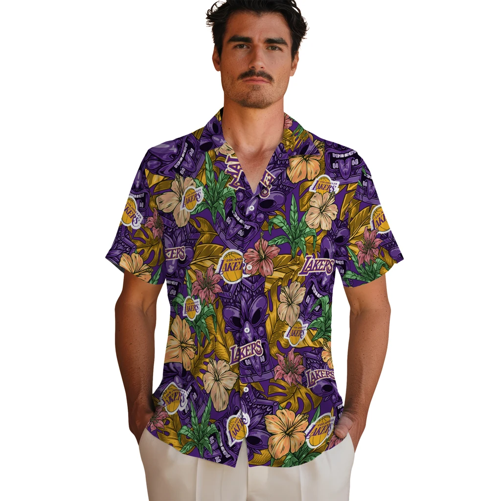 Los Angeles Lakers Hawaiian Shirt - Hibiscus Tiki Jungle los angeles lakers tiki jungle purple hawaiian shirts fashion forward