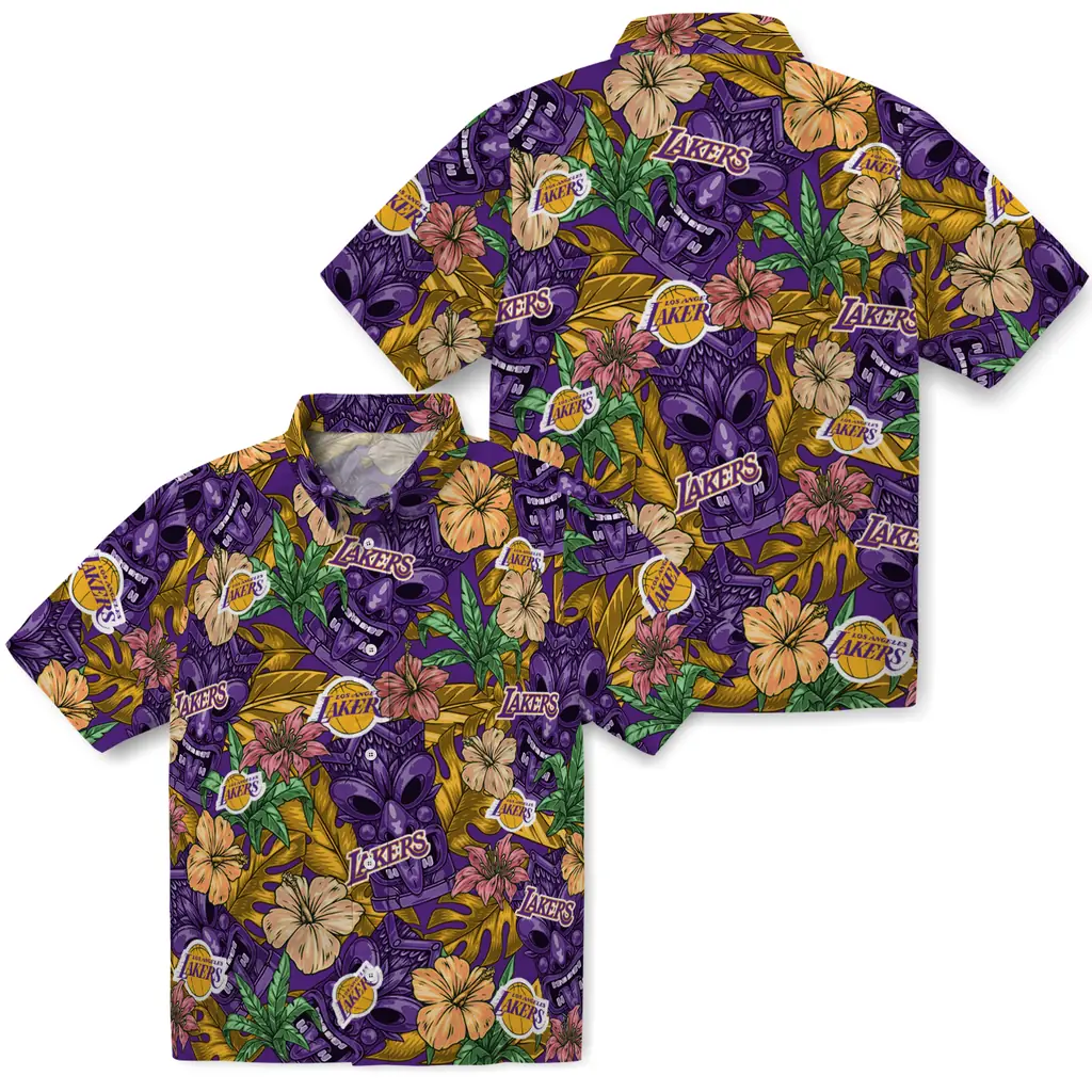 Los Angeles Lakers Hawaiian Shirt - Hibiscus Tiki Jungle los angeles lakers tiki jungle purple hawaiian shirts high quality