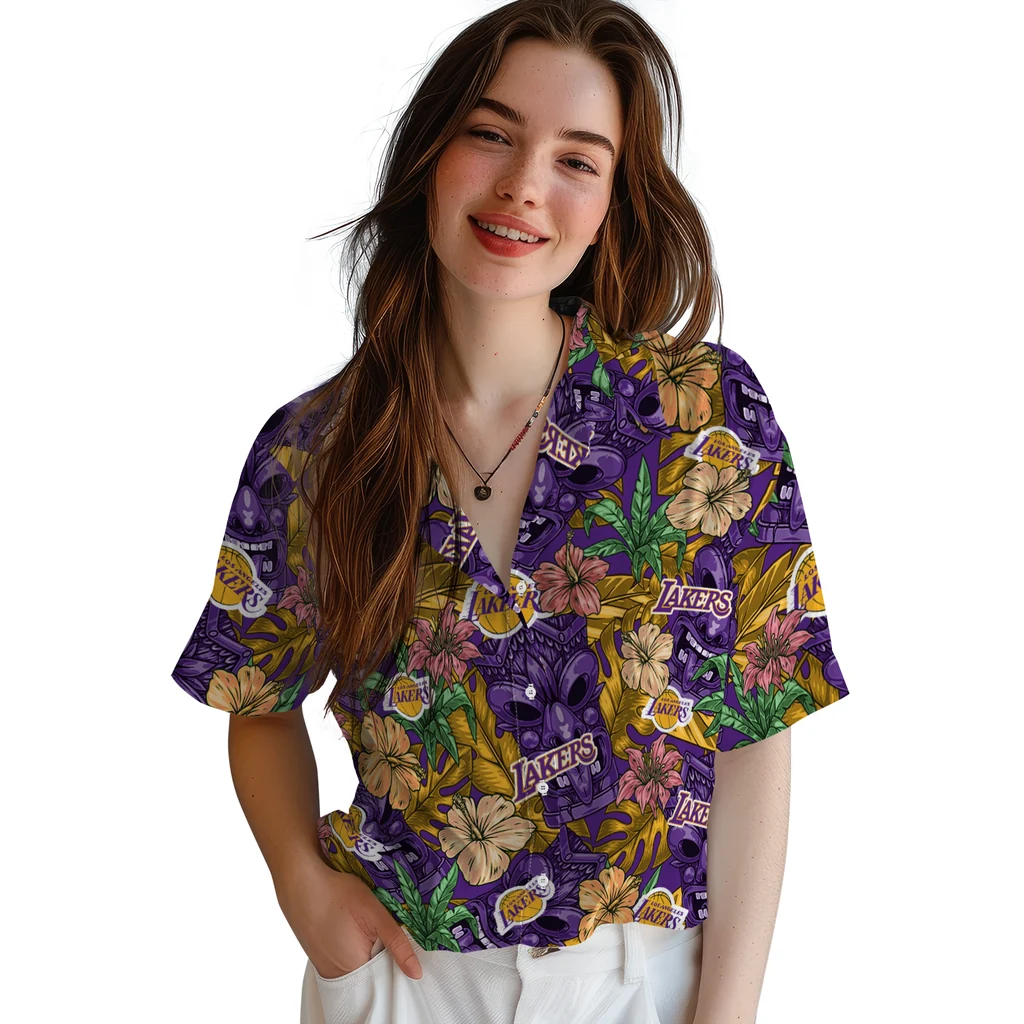Los Angeles Lakers Hawaiian Shirt - Hibiscus Tiki Jungle los angeles lakers tiki jungle purple hawaiian shirts latest model