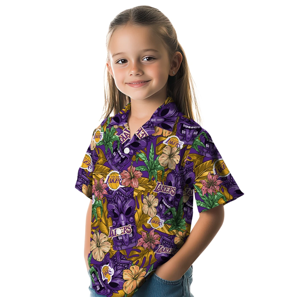 Los Angeles Lakers Hawaiian Shirt - Hibiscus Tiki Jungle los angeles lakers tiki jungle purple hawaiian shirts premium grade