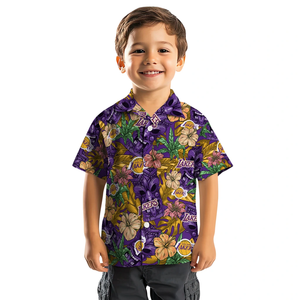 Los Angeles Lakers Hawaiian Shirt - Hibiscus Tiki Jungle los angeles lakers tiki jungle purple hawaiian shirts top rated
