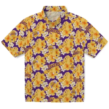 los angeles lakers hibiscus tropics purple yellow hawaiian shirts best selling