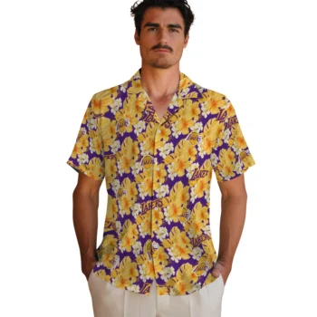 los angeles lakers hibiscus tropics purple yellow hawaiian shirts fashion forward