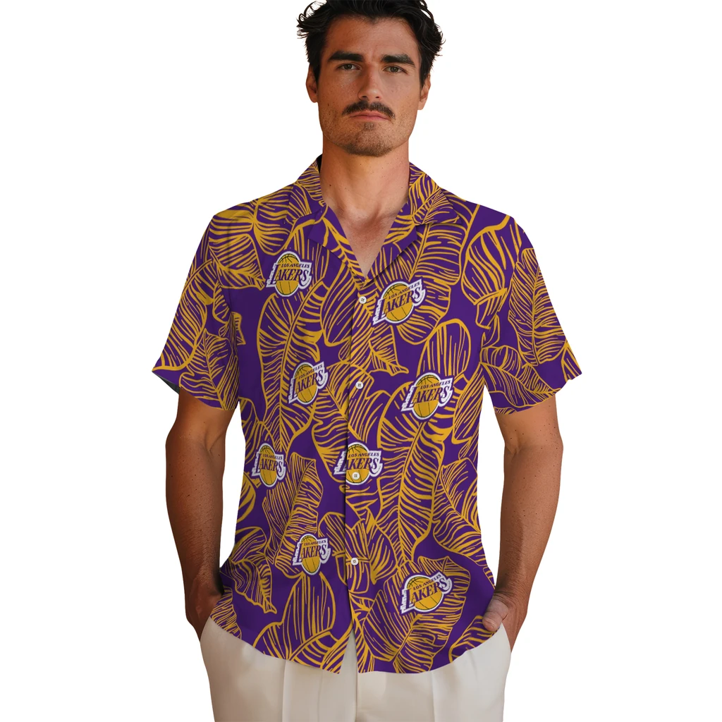 Los Angeles Lakers Hawaiian Shirt - Leaf Outline los angeles lakers leaf outline purple hawaiian shirts fashion forward