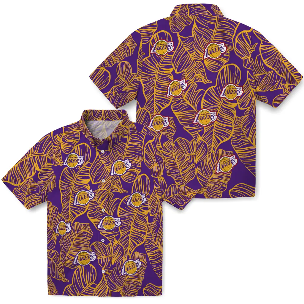 Los Angeles Lakers Hawaiian Shirt - Leaf Outline los angeles lakers leaf outline purple hawaiian shirts high quality