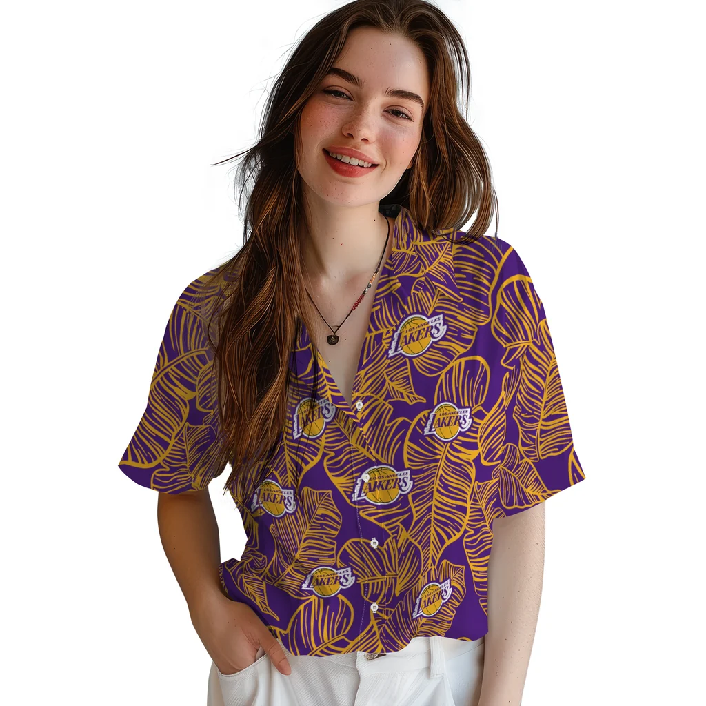 Los Angeles Lakers Hawaiian Shirt - Leaf Outline los angeles lakers leaf outline purple hawaiian shirts latest model