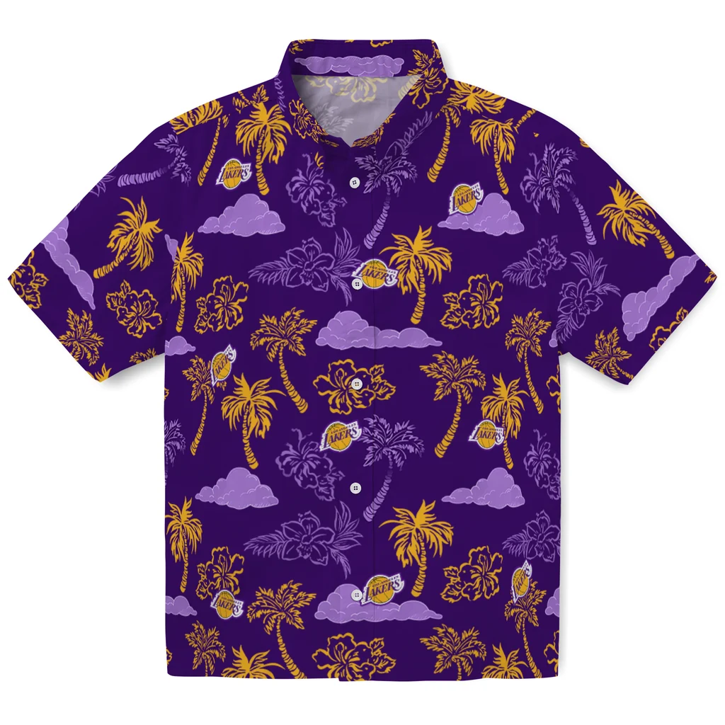 Los Angeles Lakers Hawaiian Shirt - Palm And Clouds los angeles lakers palm and clouds purple hawaiian shirts best selling