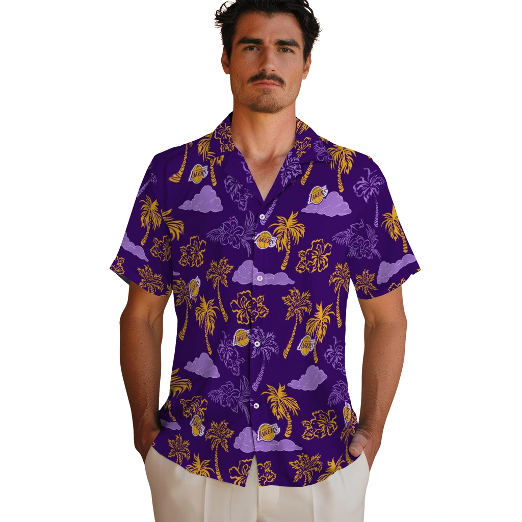 Los Angeles Lakers Hawaiian Shirt - Palm And Clouds los angeles lakers palm and clouds purple hawaiian shirts fashion forward
