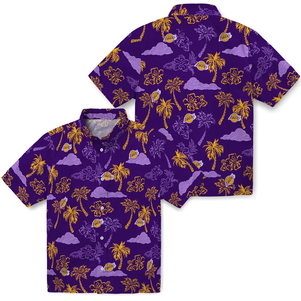 Los Angeles Lakers Hawaiian Shirt - Palm And Clouds los angeles lakers palm and clouds purple hawaiian shirts high quality