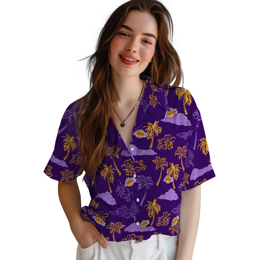 Los Angeles Lakers Hawaiian Shirt - Palm And Clouds los angeles lakers palm and clouds purple hawaiian shirts latest model