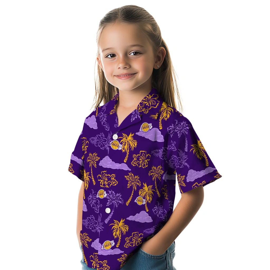 Los Angeles Lakers Hawaiian Shirt - Palm And Clouds los angeles lakers palm and clouds purple hawaiian shirts premium grade